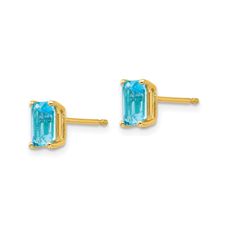 14k Yellow Gold Stud Earrings with Emerald Cut Swiss Blue Topaz, Classic Four Prong Setting