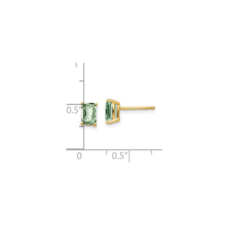 14k Yellow Gold Stud Earrings with Green Checker Cut Quartz, Rectangular Minimal Design