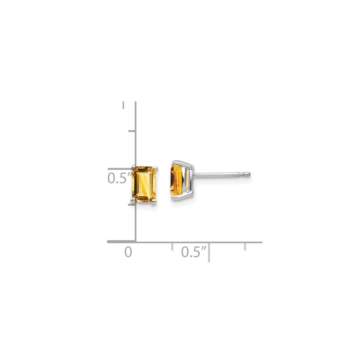 14k White Gold Stud Earrings with Emerald Cut Citrine, Modern Minimalist Design