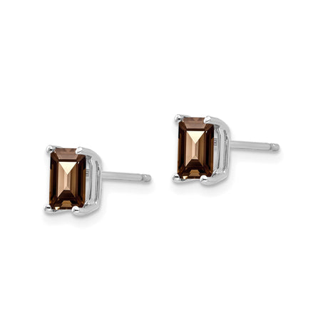 14k White Gold Stud Earrings with Smoky Quartz, Rectangular Four-Prong Minimalist Design for Women