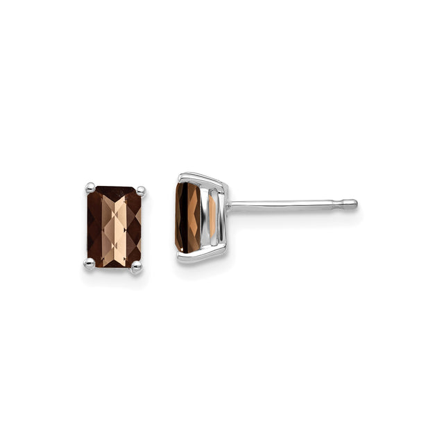 14k White Gold Stud Earrings with Smoky Quartz, Rectangular Four-Prong Minimalist Design for Women