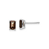 14k White Gold Smoky Quartz Stud Earrings, Emerald Cut, Four Prong Setting