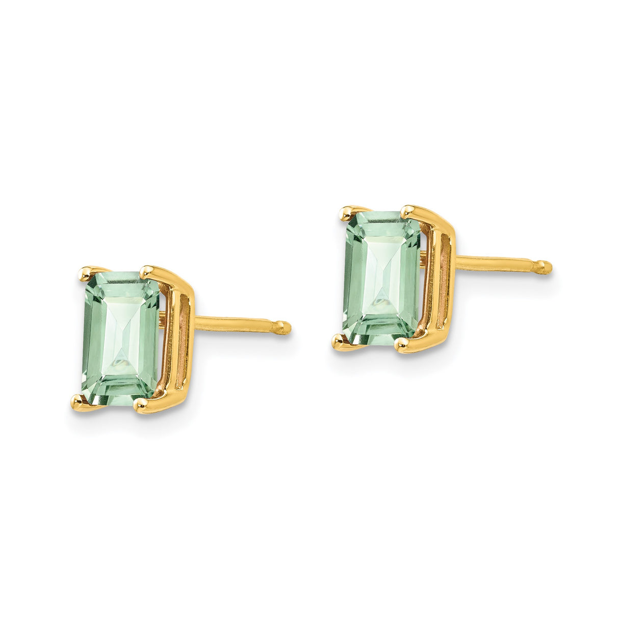14k Yellow Gold Stud Earrings with Emerald Cut Light Green Quartz Stones, Rectangular Minimalist Design