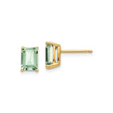 14k Yellow Gold Stud Earrings with Emerald Cut Light Green Quartz Stones, Rectangular Minimalist Design