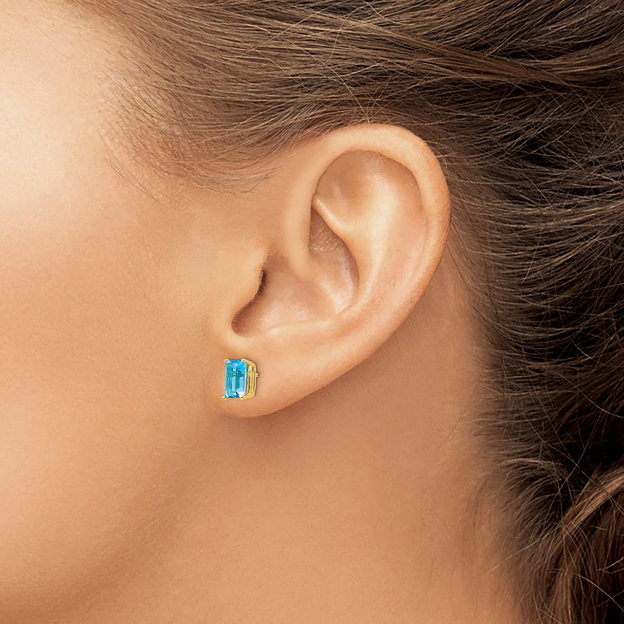 14k Yellow Gold Blue Topaz Stud Earrings, Emerald Cut, Modern Minimalist Style for Women