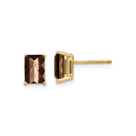 14k Yellow Gold Stud Earrings with Rectangular Smoky Quartz, Minimalist Fine Jewelry for Women