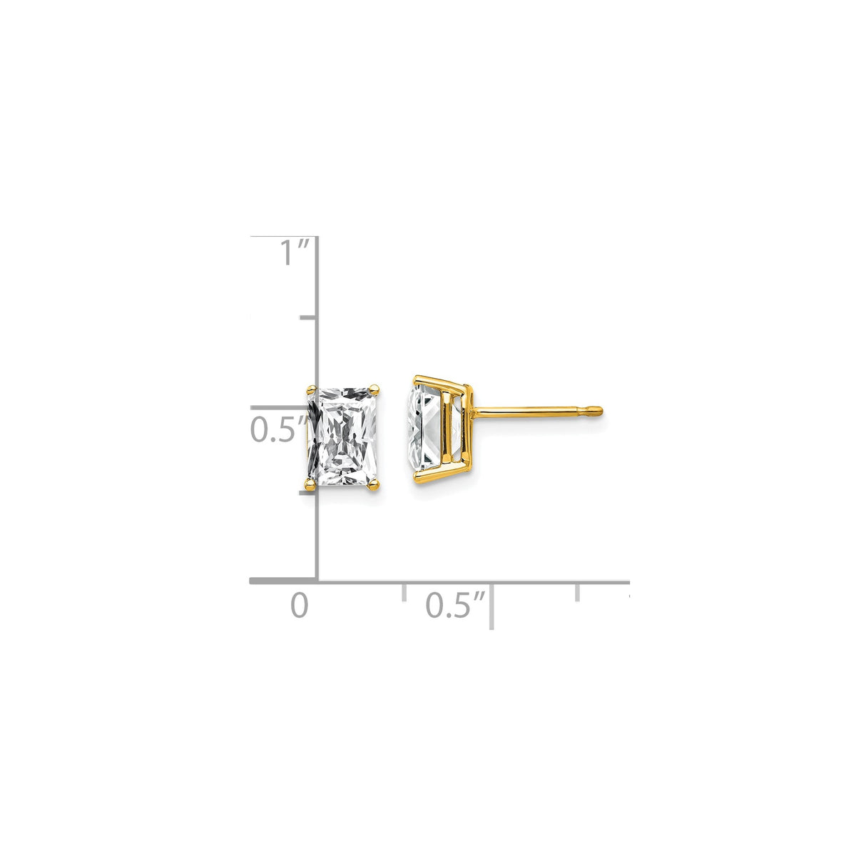 14k Yellow Gold Stud Earrings with Radiant Cut Cubic Zirconia, Classic Four Prong Setting