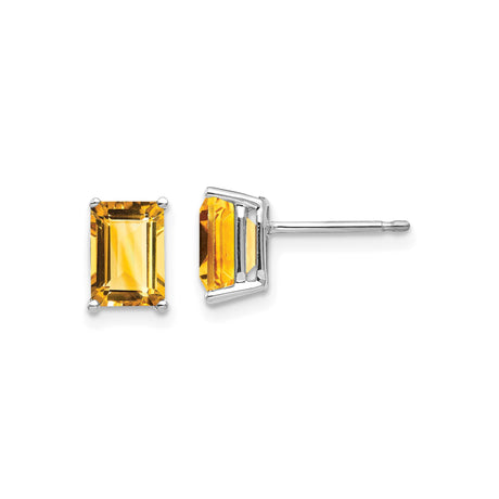 14k White Gold Stud Earrings with Emerald Cut Citrine, November Birthstone Jewelry