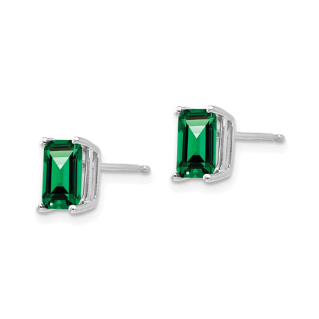14k White Gold Stud Earrings with Helenite, Emerald-Cut, Minimalist Four-Prong Setting