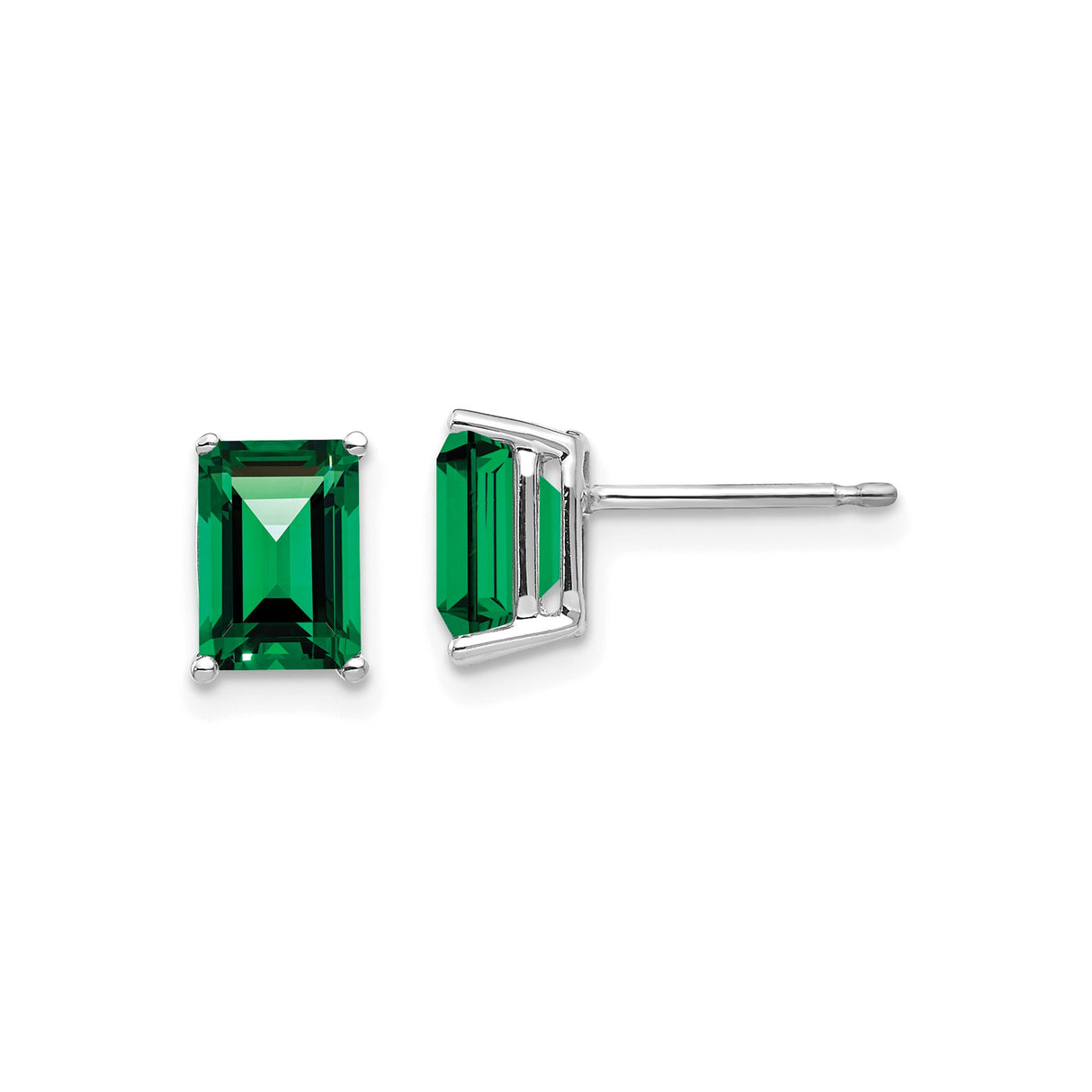 14k White Gold Stud Earrings with Helenite, Emerald-Cut, Minimalist Four-Prong Setting