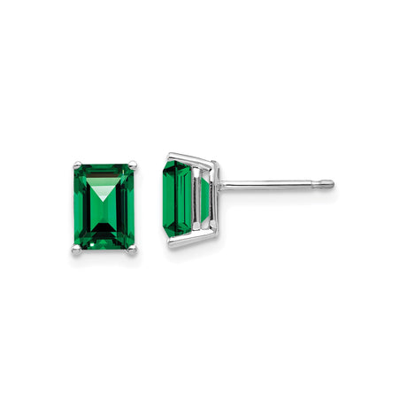 14k White Gold Stud Earrings with Helenite, Emerald-Cut, Minimalist Four-Prong Setting