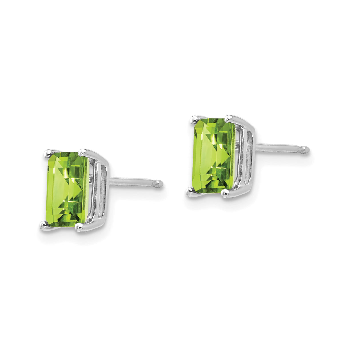 14k White Gold Stud Earrings with Emerald Cut Peridot, August Birthstone Jewelry for Women