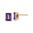 14k Yellow Gold Amethyst Stud Earrings, Emerald Cut Four Prong Setting, February Birthstone