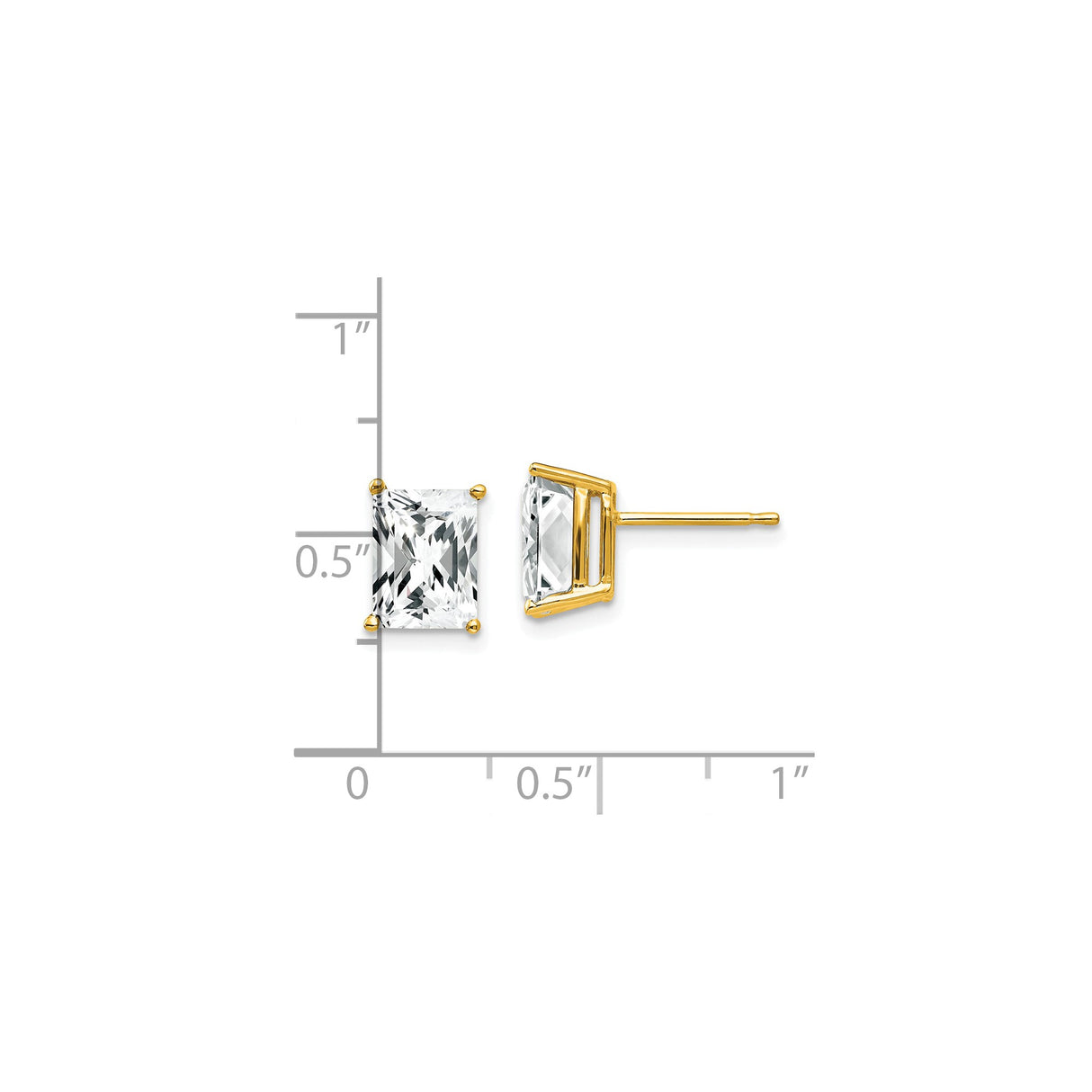 14k Yellow Gold Stud Earrings with Radiant Cut Cubic Zirconia in Four Prong Setting