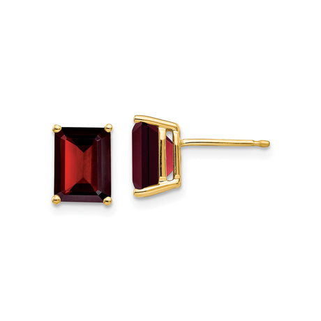 14k Yellow Gold Stud Earrings with Emerald Cut Garnet, Classic Birthstone Design for Women