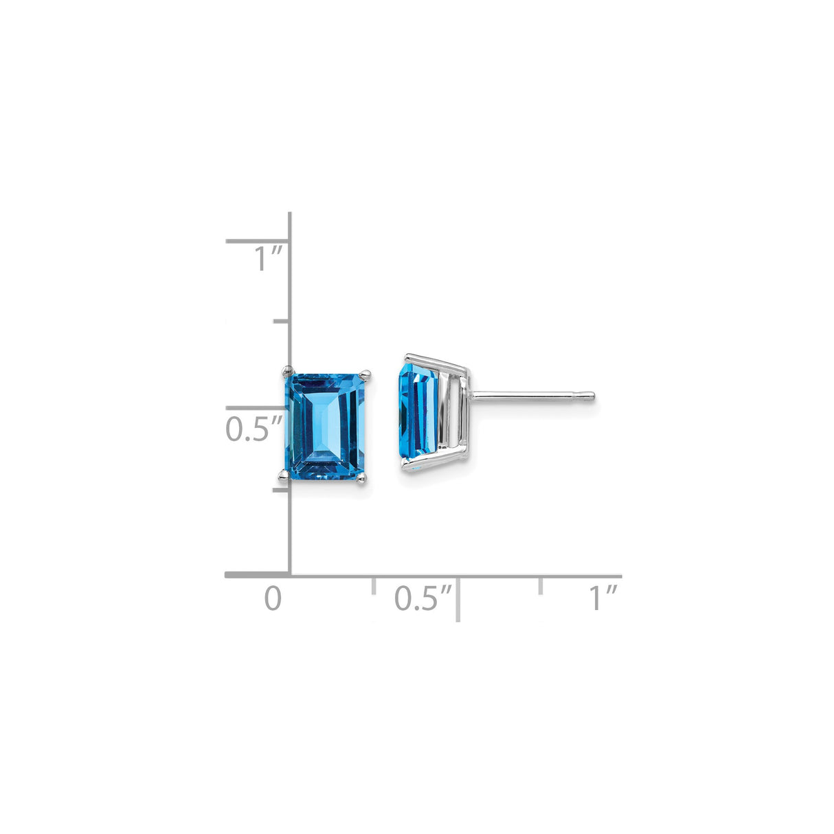 14k White Gold Stud Earrings with Emerald Cut Swiss Blue Topaz, Minimalist Design for Women
