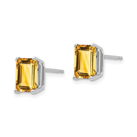 14k White Gold Citrine Stud Earrings, Emerald Cut Prong Set November Birthstone Jewelry