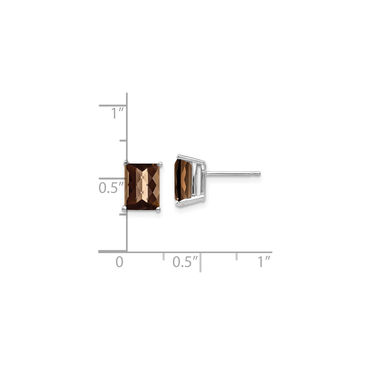 14k White Gold Stud Earrings with Rectangular Smoky Quartz, Minimalist Style