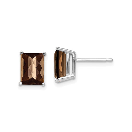 14k White Gold Stud Earrings with Rectangular Smoky Quartz, Minimalist Style