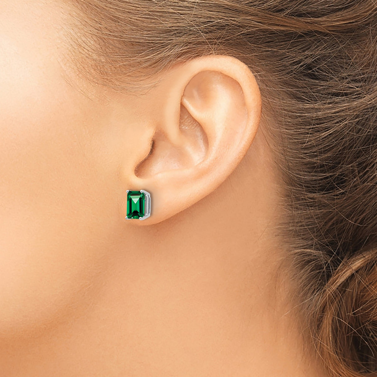 14k White Gold Stud Earrings with Emerald Cut Helenite Gemstones, Classic Green Studs