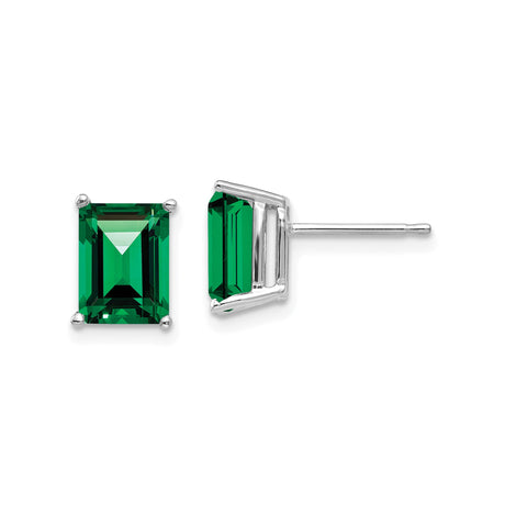 14k White Gold Stud Earrings with Emerald Cut Helenite Gemstones, Classic Green Studs