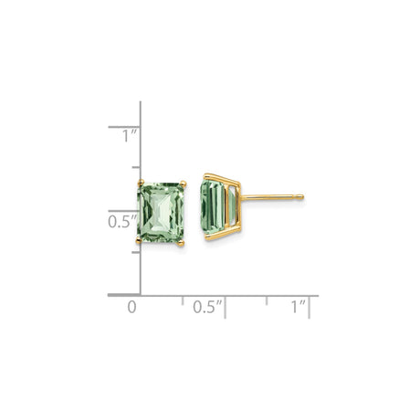14k Yellow Gold Stud Earrings with Emerald Cut Green Quartz, Octagon Shape Jewelry for Women