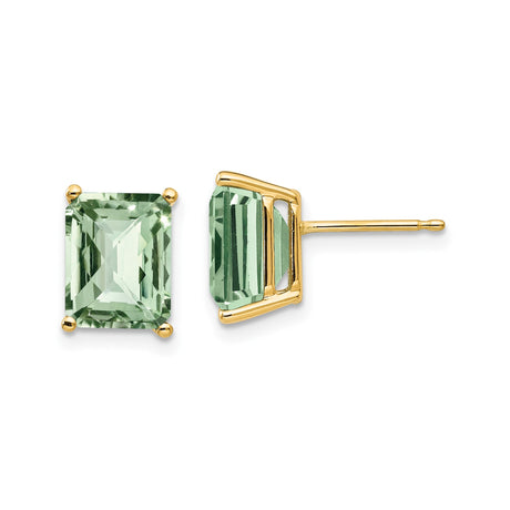 14k Yellow Gold Stud Earrings with Emerald Cut Green Quartz, Octagon Shape Jewelry for Women