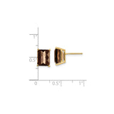 14k Yellow Gold Stud Earrings with Rectangular Smoky Quartz, Prong Set Gemstone