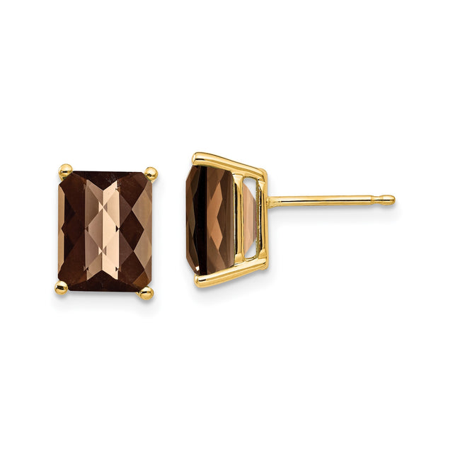 14k Yellow Gold Stud Earrings with Rectangular Smoky Quartz, Prong Set Gemstone
