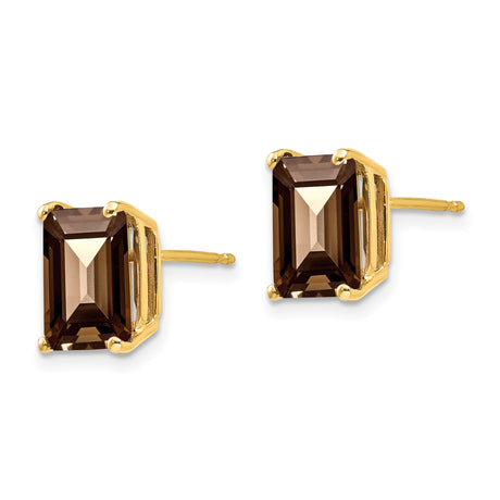 14k Yellow Gold Stud Earrings with Emerald Cut Smoky Quartz, Classic Minimalist Style