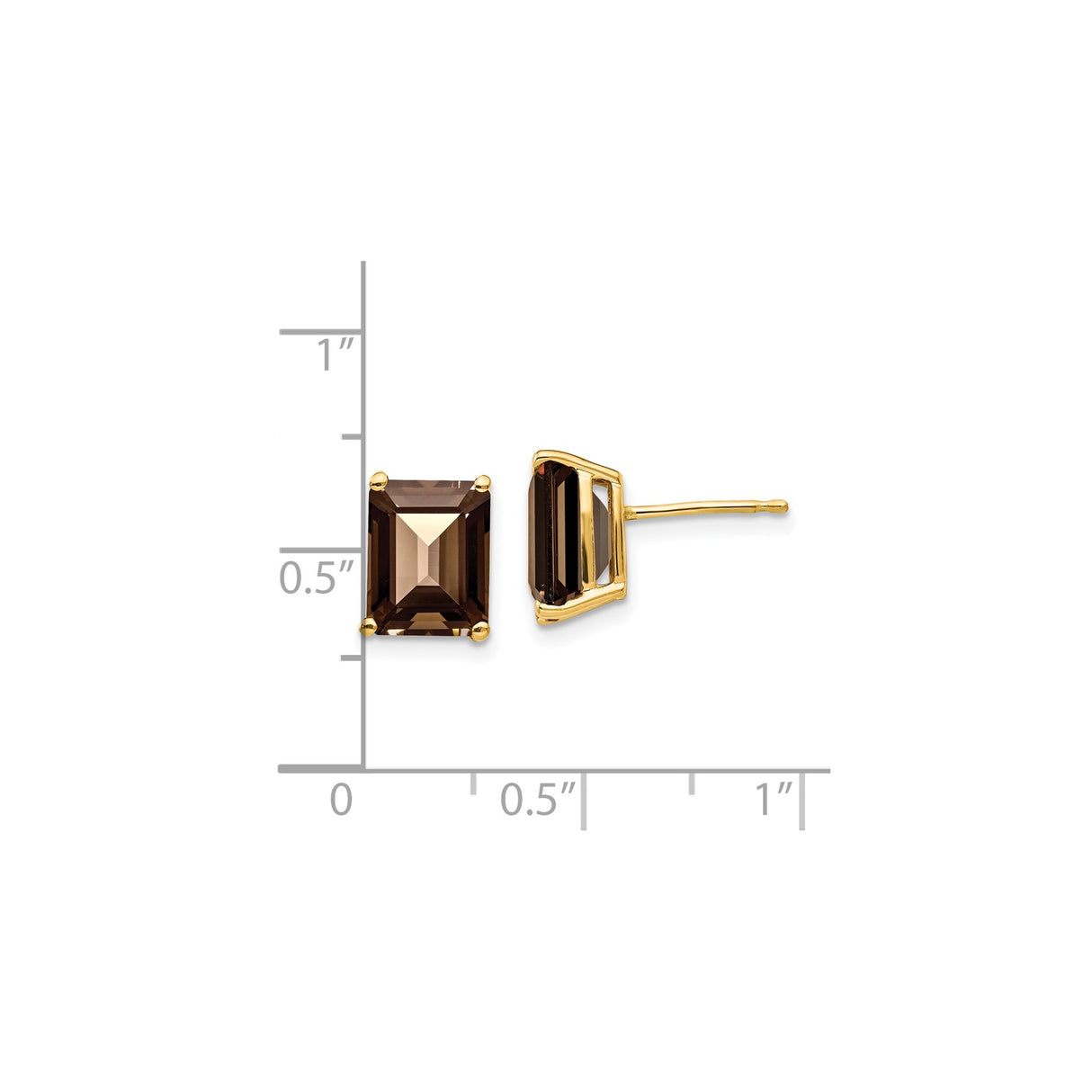 14k Yellow Gold Stud Earrings with Emerald Cut Smoky Quartz, Classic Minimalist Style