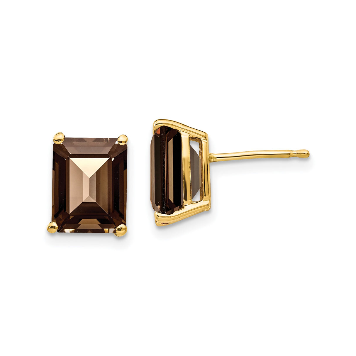 14k Yellow Gold Stud Earrings with Emerald Cut Smoky Quartz, Classic Minimalist Style