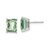 14k White Gold Stud Earrings with Emerald Cut Green Quartz, Minimalist Classic Design