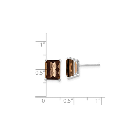 14k White Gold Stud Earrings with Rectangular Smoky Quartz, Minimalist Design for Women