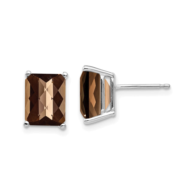 14k White Gold Stud Earrings with Rectangular Smoky Quartz, Minimalist Design for Women