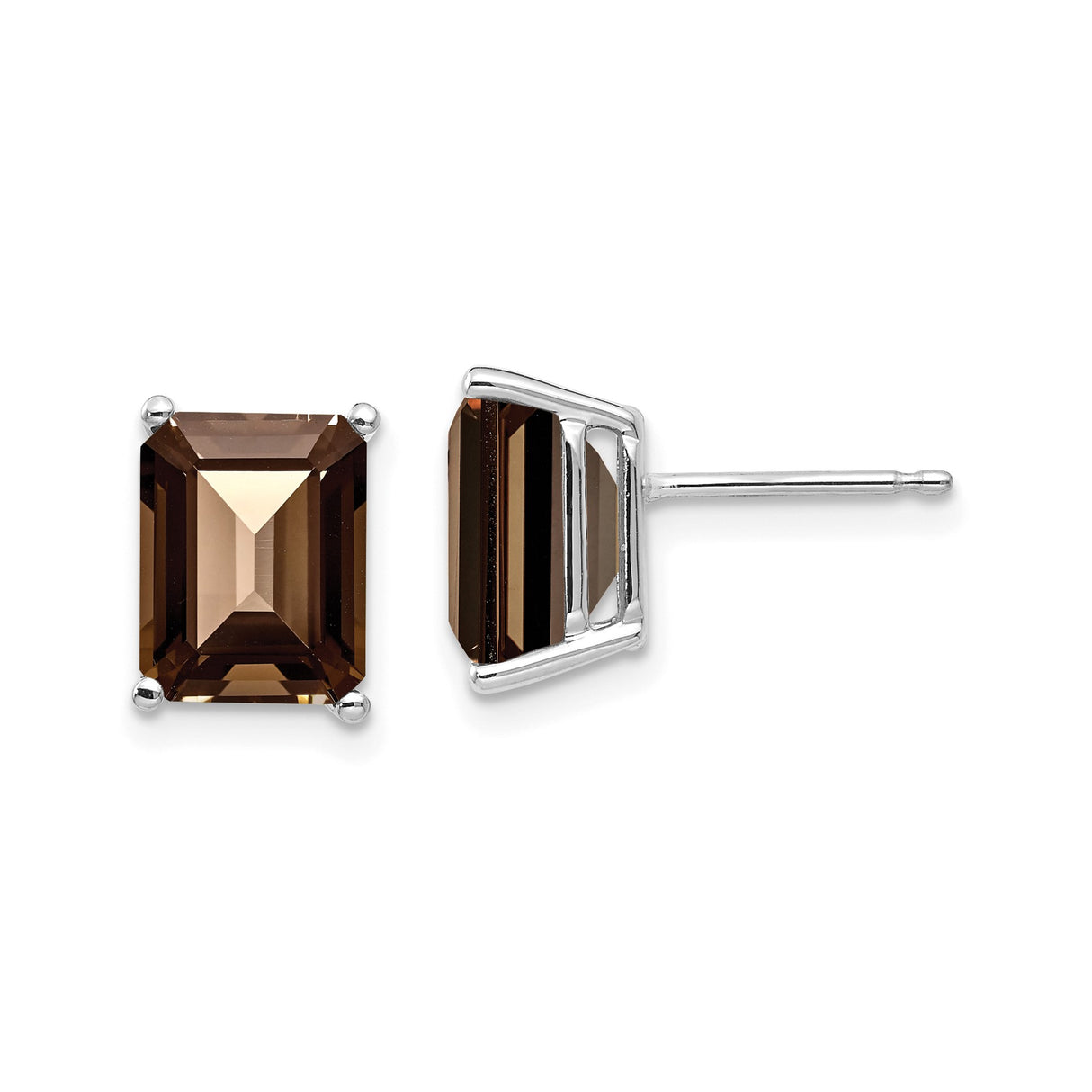14k White Gold Stud Earrings with Emerald Cut Smoky Quartz, Modern Minimalist Design