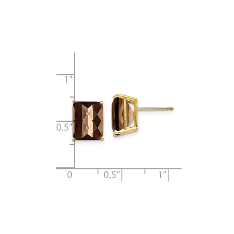 14k Yellow Gold Stud Earrings with Rectangular Smoky Quartz in Four Prong Setting