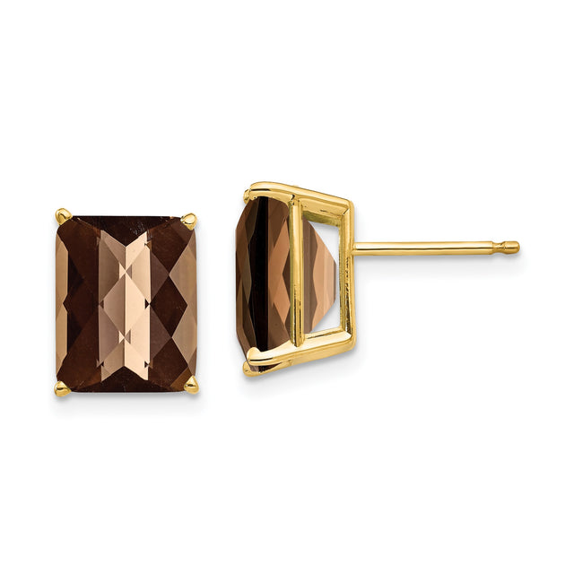 14k Yellow Gold Stud Earrings with Rectangular Smoky Quartz in Four Prong Setting