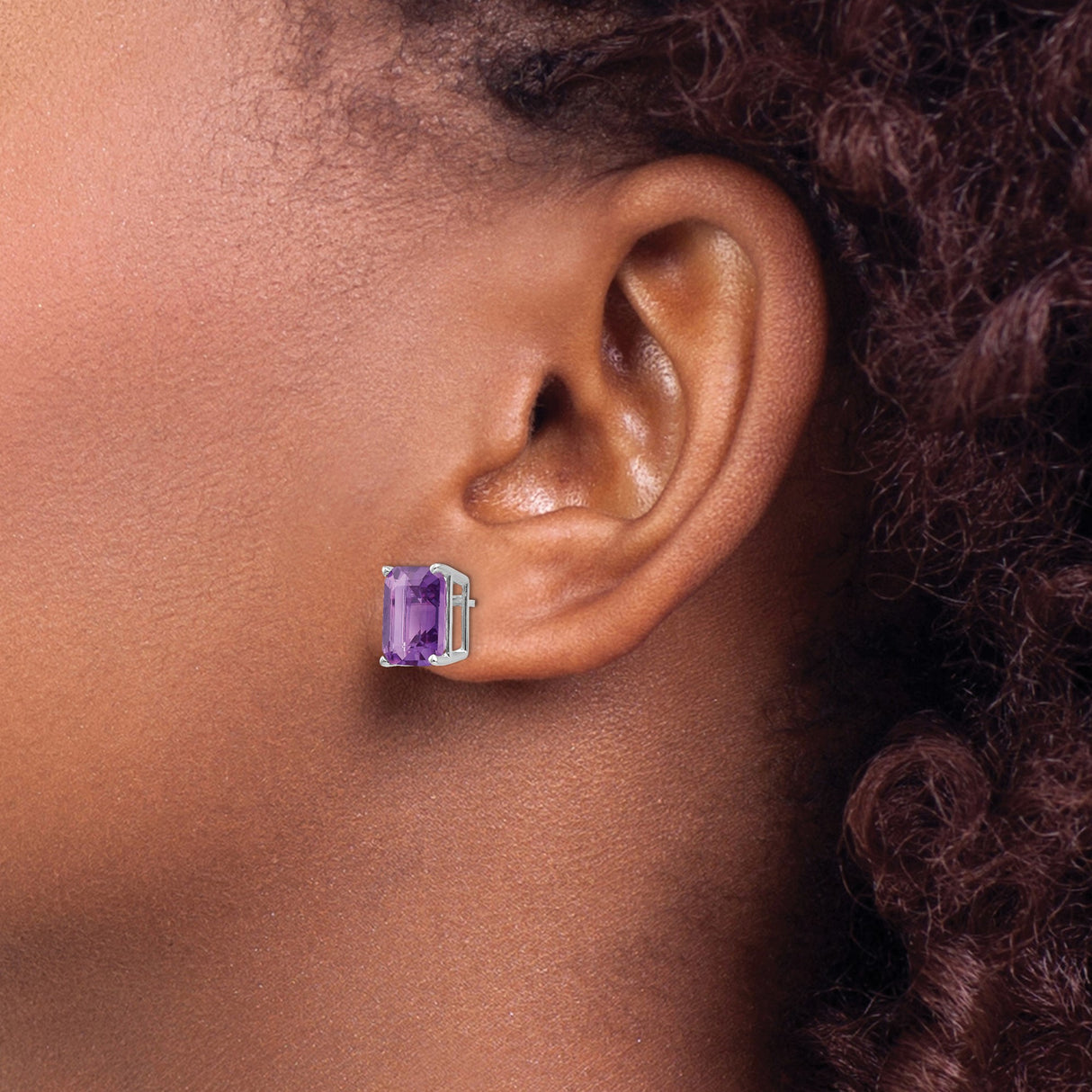 14k White Gold Amethyst Stud Earrings, Emerald Cut Rectangular Gemstone, Minimalist Design for Women