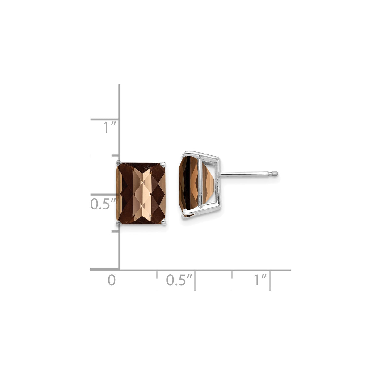 14k White Gold Stud Earrings with Rectangular Checkerboard Smoky Quartz, Minimalist Design