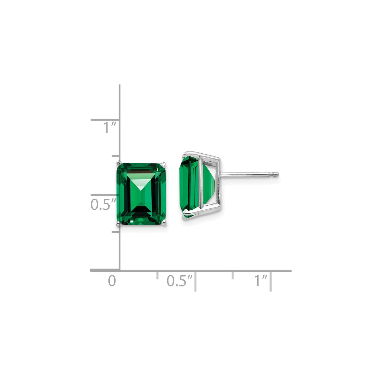 14k White Gold Stud Earrings with Emerald Cut Helenite, Classic Four Prong Setting