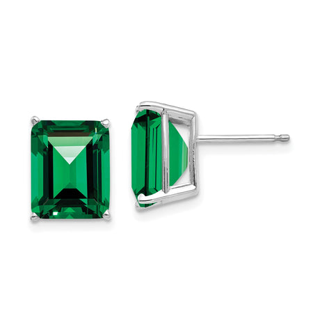 14k White Gold Stud Earrings with Emerald Cut Helenite, Classic Four Prong Setting