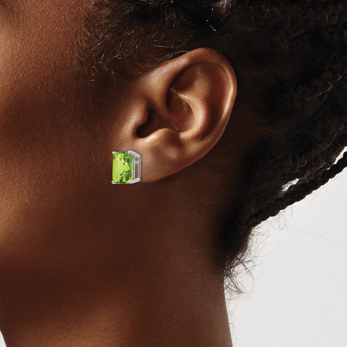 14k White Gold Stud Earrings with Peridot in Emerald Cut Rectangular Setting