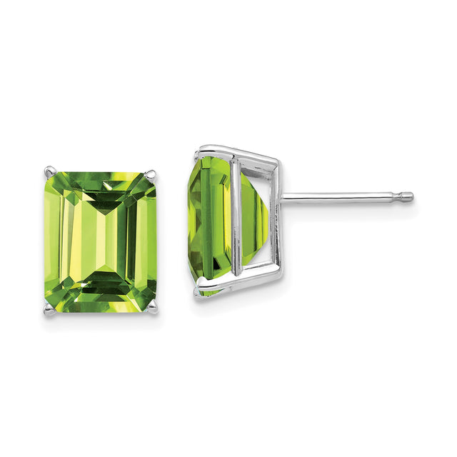 14k White Gold Stud Earrings with Peridot in Emerald Cut Rectangular Setting