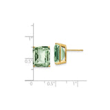14k Yellow Gold Stud Earrings with Green Checker Cut Quartz, Rectangle Gemstone, Classic Four Prong Setting