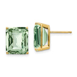 14k Yellow Gold Stud Earrings with Green Checker Cut Quartz, Rectangle Gemstone, Classic Four Prong Setting