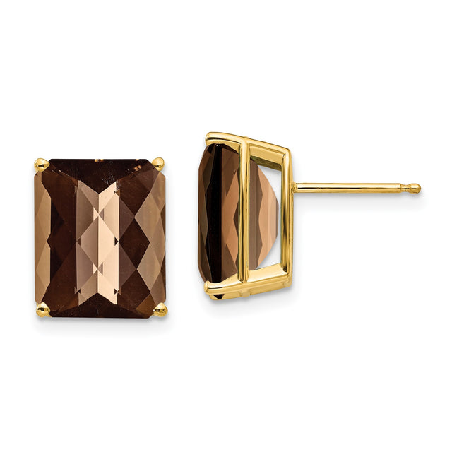 14k Yellow Gold Stud Earrings with Smoky Quartz, Rectangular Faceted Gemstone Design