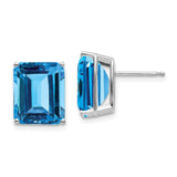 14k White Gold Stud Earrings with Emerald Cut Swiss Blue Topaz, Modern Prong Setting