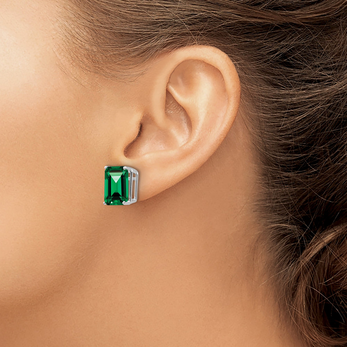 14k White Gold Stud Earrings with Emerald Cut Helenite, May Birthstone Style