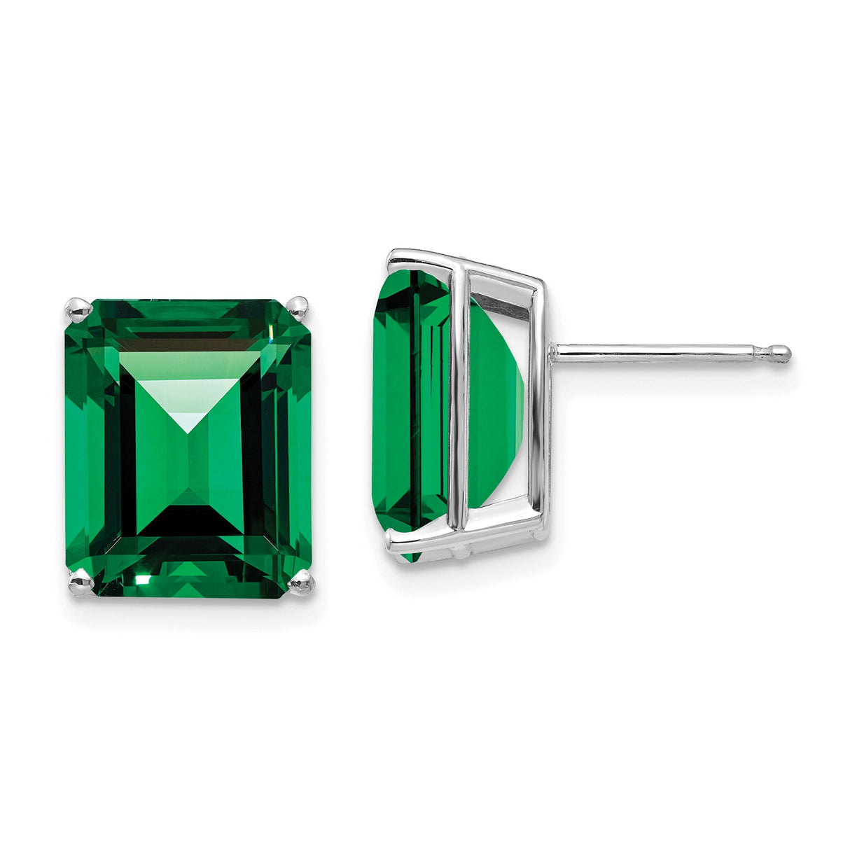14k White Gold Stud Earrings with Emerald Cut Helenite, May Birthstone Style